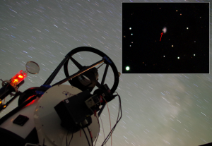 Remotely-controlled telescope RBT/PST2 in Arizona, which was used by astronomers from the Poznań observatory to observe the explosion of a very massive star, and the resulting gamma-ray burst GRB171205A. The inset shows a picture taken by the telescope at which a gamma-ray burst (shown by the arrow) and its host galaxy (a more extended structure to the right) can be seen