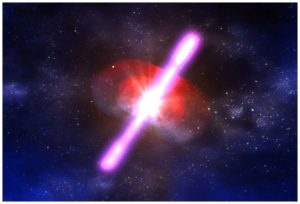 Artistic representation of a gamma-ray burst composed of a supernova (in the middle), jet of charged particles moving in opposite directions, and a hot cocoon of gas (Copyright NASA/D. Berry)