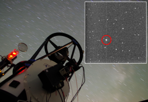 Remotely-controlled telescope RBT in Arizona, which was used by astronomers from the Poznań observatory to observe the satellite debris which was mistaken for a gamma-ray burst. The inset shows a picture taken by the telescope at which the debris (shown by the circle) can be seen