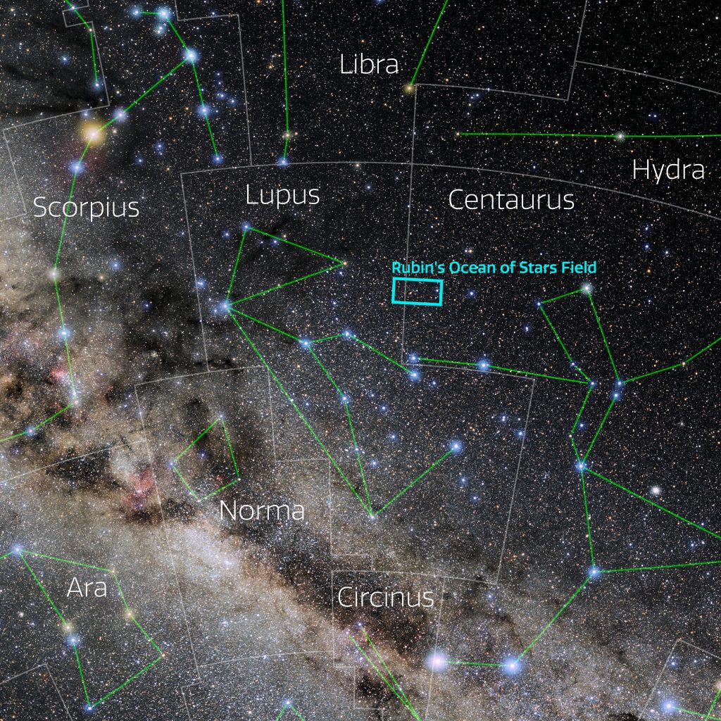 The map shows the location of the 'Ocean of Stars' image taken by the Vera C. Rubin Observatory in the southern sky.
Credit: E. Slawik/NOIRLab/NSF/AURA/M. Zamani